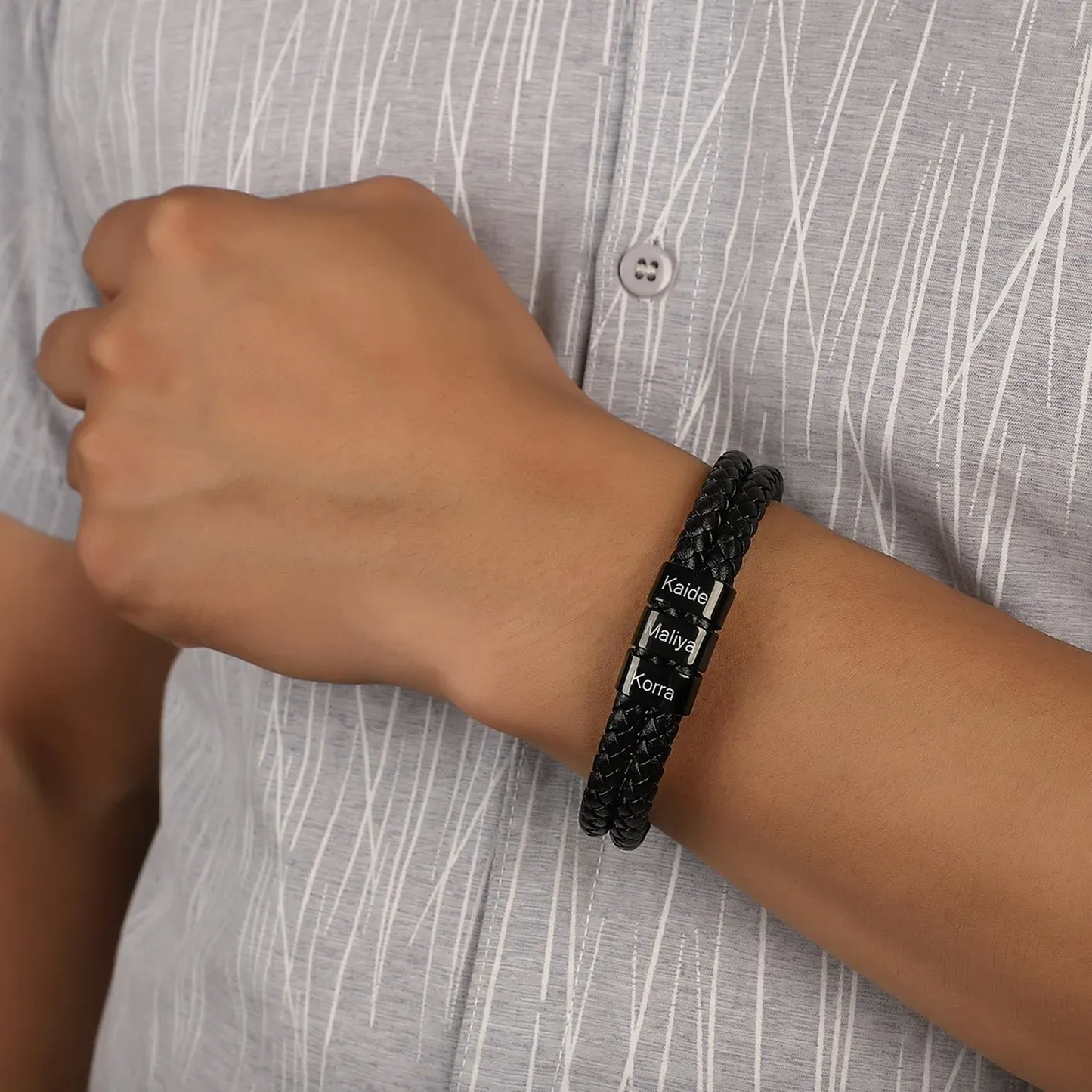 Engraved Leather Bead Bracelet